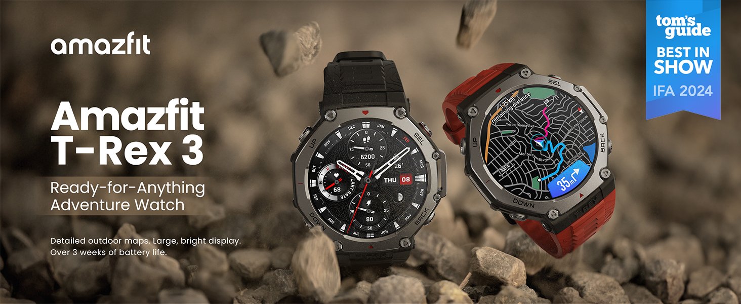 Amazfit T-Rex 3 smartwatch features a bright AMOLED display with 2,000 nits peak brightness, night mode, and glove mode. It's built for adventure with a 316L stainless steel bezel, military-grade body, and water resistance up to 328 feet. Enjoy over 3 weeks of battery life, free maps, advanced GPS with dual-band positioning, and 170+ workout modes with AI training plans. for more info visit Amazfit.