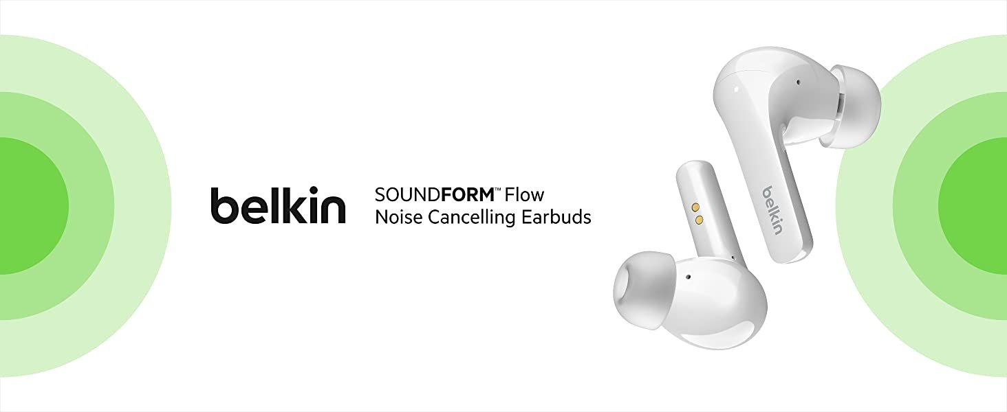 Belkin SoundForm Flow Noise Cancelling Earbuds features dual beam-forming technology, Hear-Thru mode, and IPX5-rated materials. It offers up to 7 hours of battery life and easy Bluetooth® 5.2 connection, providing no-noise, premium audio. 