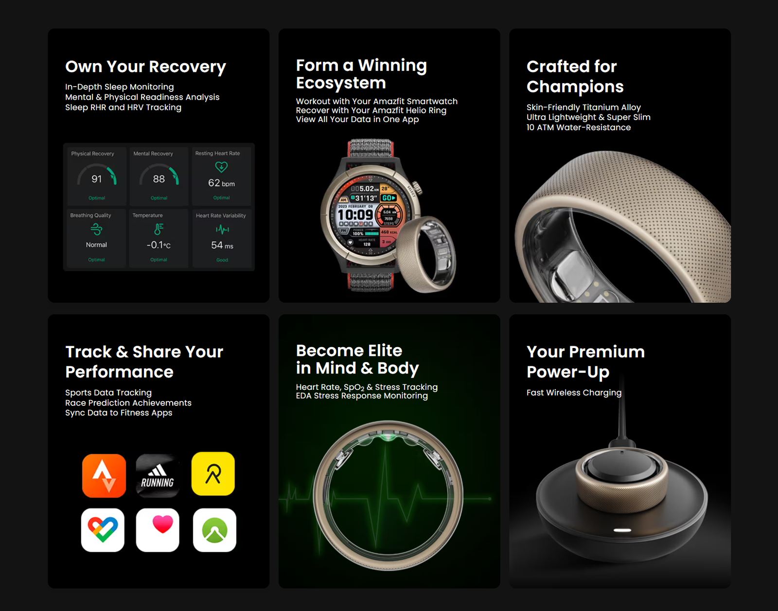 Amazfit Helio Ring: Own Your Recovery, Achieve More Amazfit Helio Ring is an advanced smart ring meticulously designed for elite athletes, with a primary focus on optimizing recovery to enhance overall performance. This ultra-lightweight and slim device seamlessly integrates with Amazfit smartwatches and the Zepp App, providing comprehensive health and fitness tracking to help you unlock your full potential.