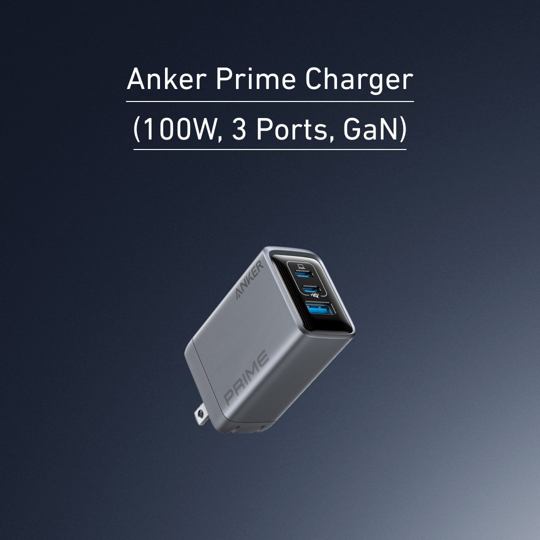 Experience powerful, high-speed charging on the go with the Anker Prime Charger (100W, 3 Ports, GaN). This ultra-compact charger features 2 USB-C ports, 1 USB-A port, and advanced GaN and ActiveShield 2.0 safety technology.